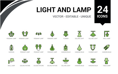 Light and lamps colorful icons set. Set of ceiling light. Outline icon collection, line symbol for web and ui. Vector illustration. Icon names are written in English.