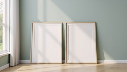 A pair of white frames sitting on top of a wooden floor.