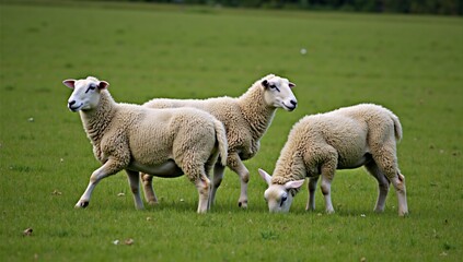 Fototapeta premium Three sheep grazing in a green field with trees in the background.