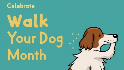 A dog with the words walk your dog month on it.