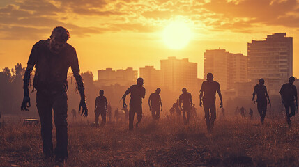 Halloween zombie apocalypse scene with zombies roaming in a deserted urban area