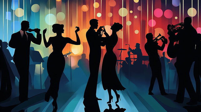 group of people dancing in room, swanky 1920s speakeasy with flapper dancers and jazzy band