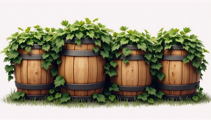Naklejka premium A group of wooden barrels with ivy growing out of them.