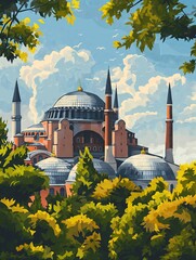 Illustration of Blue Mosque from Istanbul, Turkey Travel Poster in Colorful Flat Digital Art Style