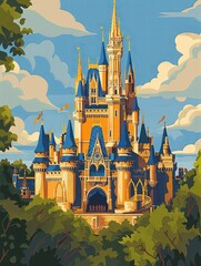 Illustration of Cinderella Castle from Orlando, United States Travel Poster in Colorful Flat Digital Art Style