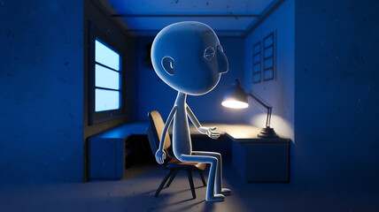 White cartoon character, blue room,  sitting alone,  nighttime,  melancholy mood. 
