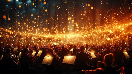 A grand symphony orchestra performing a dramatic piece, vibrant music notes flowing through the air like visible sound waves Symphony, Classical Music, Concert, Dramatic