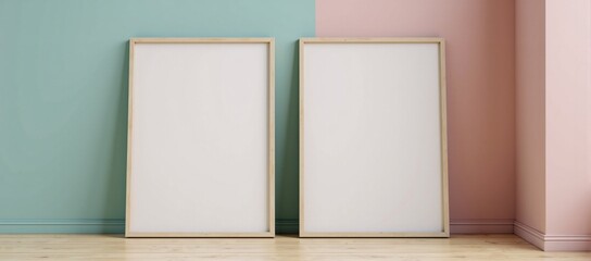 Fototapeta premium A couple of empty frames sitting on top of a wooden floor.
