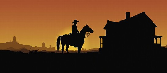 Naklejka premium A silhouette of a cowboy riding a horse in front of a house.