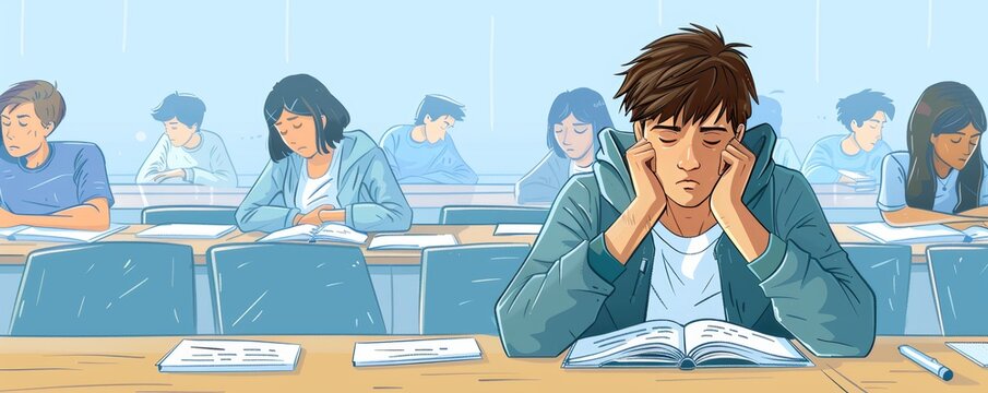 Frustrated Student in Classroom Feeling Defeated and Overwhelmed During Exam or Study Session