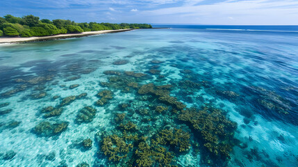 Aerial View of a Tropical Beach with Crystal Clear Water and Coral Reef
