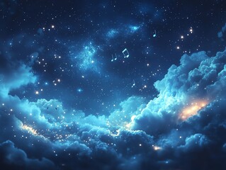 Obraz premium A peaceful night sky with gentle musical notes, tranquil background music, minimalist design, isolated on white background