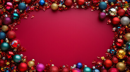 christmas ornament confetti: a festive frame made from colorful ornament-shaped confetti, arranged around a deep red background