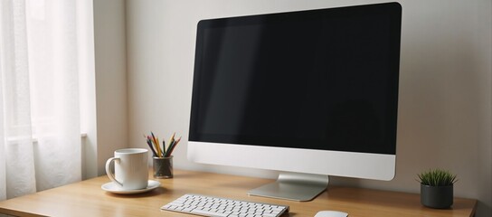 Fototapeta premium A desktop computer sitting on top of a wooden desk.