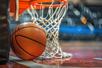 Fototapeta premium A basketball resting against the net, with the ball positioned on the court ready for the next play