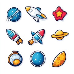 Colorful space-themed icons featuring rockets, planets, and stars, perfect for children's designs and educational material.