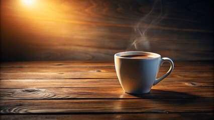 A steaming cup of espresso rests on a brown wooden table, its white mug contrasting against the dark liquid