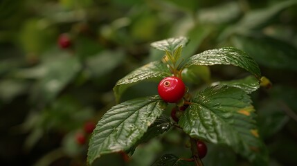 A lush red berry growing in the yard