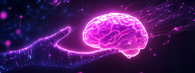 Obraz premium Glowing Brain in Digital Circuitry Hand