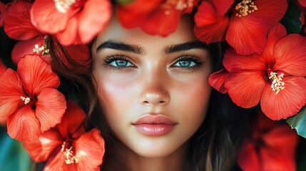 Naklejka premium woman model posing with red tropical flowers in a stunning exotic forest, representing the beauty of nature and the vibrant allure of the wilderness