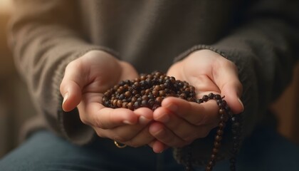 A male holding rosary beads in his hands, embodying a moment of prayer and reflection. The image conveys a deep sense of spirituality and connection to faith