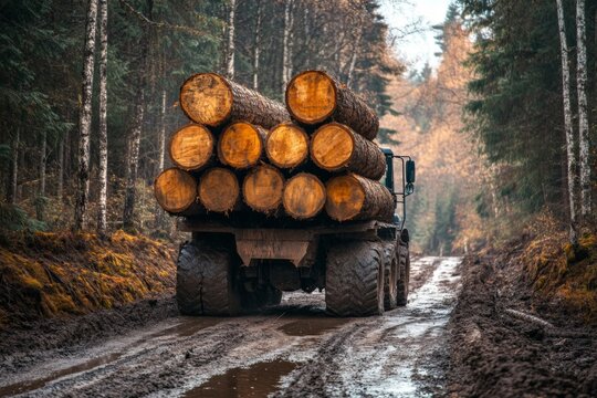 A Heavy Logging Truck Transporting Timber Through Dense Forest, Navigating Tough Terrain