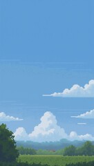 a pixel art image of a field with trees and clouds