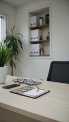 Fototapeta premium A wooden desk with a plant in a pot on it.