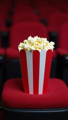 A red and white striped bucket of popcorn sitting on a red chair.