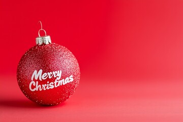 red Christmas bauble with white text "Merry Christmas" on a red background