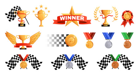 Sport winner trophies. Racing award cup with checkered flag, gold wings and laurel wreath. Golden, silver and bronze medals, race achievements cartoon vector illustration set