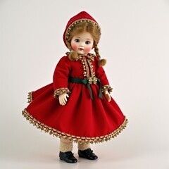 A doll wearing a red dress and a red hat.