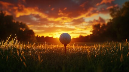 A golf ball rests on a tee as a vibrant sunset illuminates the green course