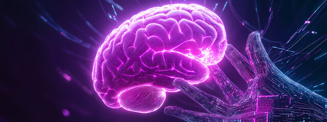 Fototapeta premium Neon Brain Suspended in Digital Hand