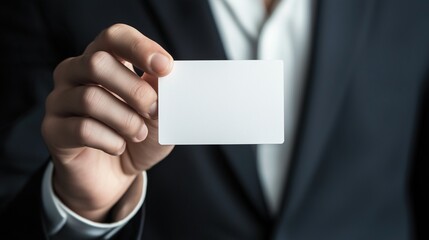 A hand holding a blank business card in a formal setting
