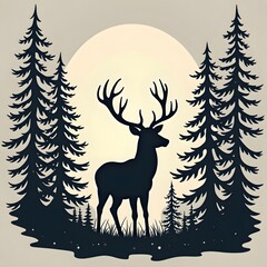 Minimalist Line Art Deer Silhouette In Forest With Moon