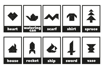 Tangram puzzle for children. Tangram line icons isolated. A set of educational tangram cards with 
objects. Black and white geometric collection.
