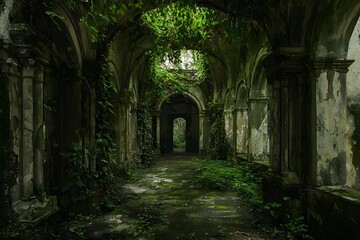 Fototapeta premium Green plants overtaking abandoned hallway