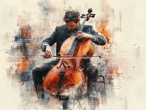 Cello soloist on stage, deep resonant notes, classical music concert, watercolor style