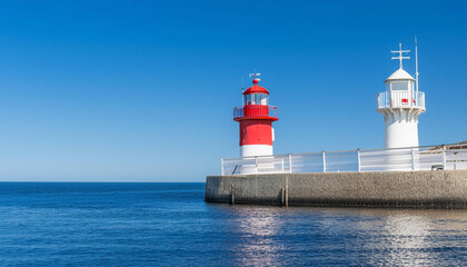 Fototapeta premium Red and White Lighthouse on Top of Pier and Copy Space