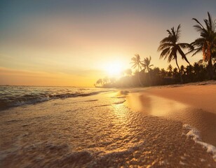 Relaxing Afternoon at a Tropical Beach With Palm Trees and Sunset Over Calm Ocean Waves