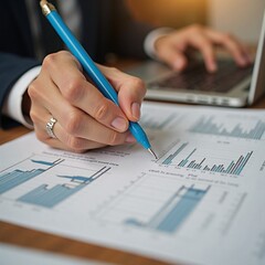 A person sitting at a desk with a laptop and a pen.