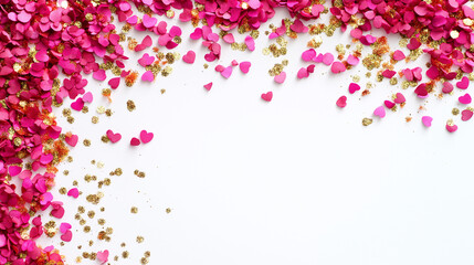 Obraz premium fuchsia and gold glitter confetti: a vibrant frame made from fuchsia and gold glitter confetti, arranged around a soft white background
