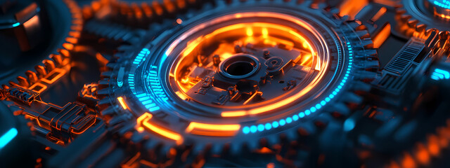 Futuristic Gear Mechanism with Neon Circuitry