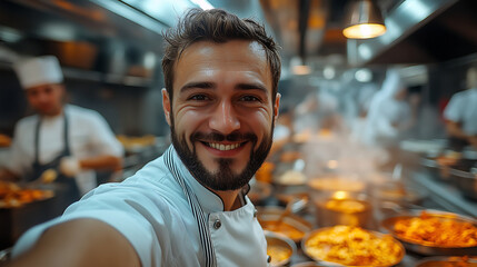 Chef in a busy restaurant kitchen taking a quick selfie while working with a team