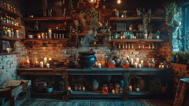 A dimly lit apothecary with a cauldron bubbling on a table surrounded by candles and shelves of glass bottles.