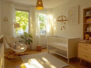 A nursery room with a white crib and a rocking chair. A plant is in the room. A picture of a child is on the wall