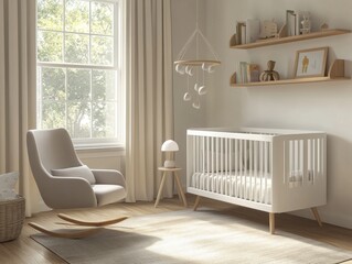 A white crib with a rocking chair next to it. The rocking chair has a wooden headboard