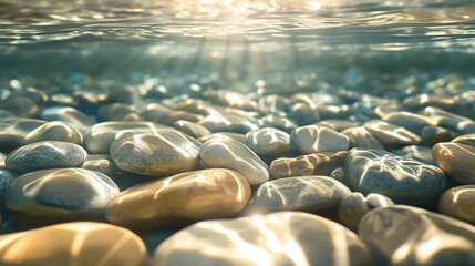 Obraz premium Smooth pebbles resting at the bottom of clear water, enhanced by reflections