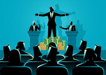Puppeteer with a pile of money, manipulating a politicians at a podium with strings. This concept represents the influence and control of power by the wealthy elite, corruption, and plutocracy